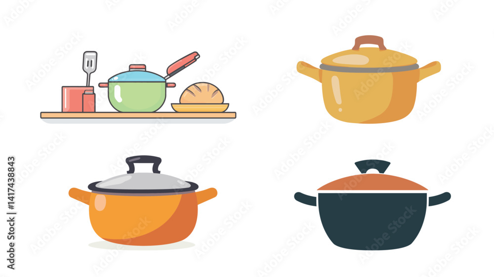Minimalist vector illustration of a simple cooking pot with lid, representing home kitchen utensils, food preparation tools, and traditional cookware for boiling, simmering, Minimalist vector illustration of a simple cooking pot with lid, representing home kitchen utensils, food preparation tools, and traditional cookware for boiling, simmering,