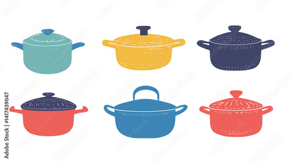Minimalist vector illustration of a simple cooking pot with lid, representing home kitchen utensils, food preparation tools, and traditional cookware for boiling, simmering, Minimalist vector illustration of a simple cooking pot with lid, representing home kitchen utensils, food preparation tools, and traditional cookware for boiling, simmering,