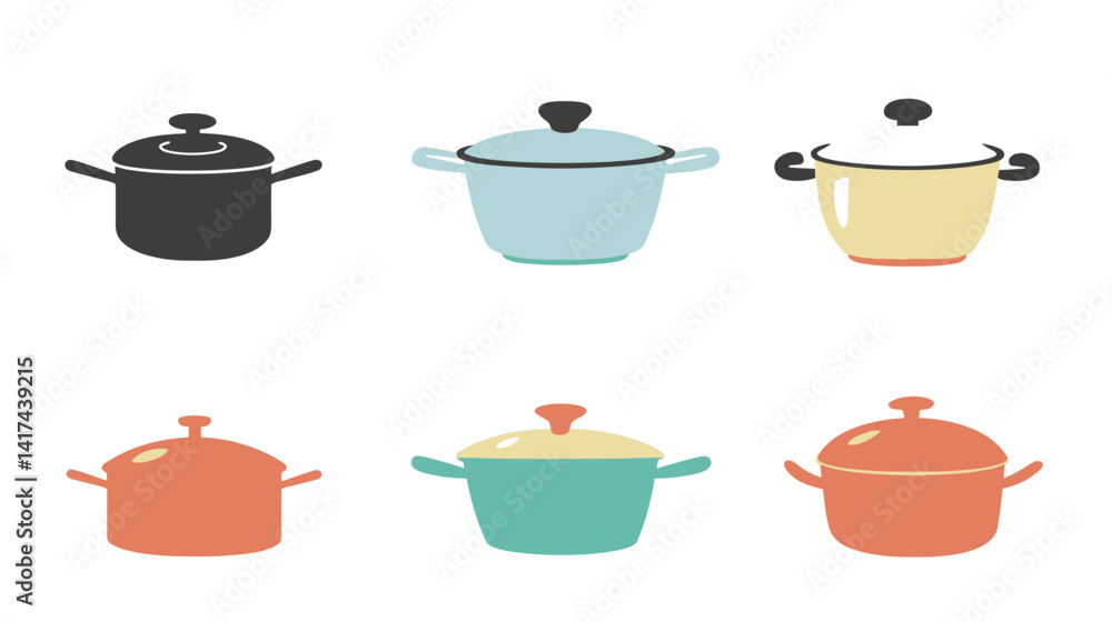 Minimalist vector illustration of a simple cooking pot with lid, representing home kitchen utensils, food preparation tools, and traditional cookware for boiling, simmering, Minimalist vector illustration of a simple cooking pot with lid, representing home kitchen utensils, food preparation tools, and traditional cookware for boiling, simmering,