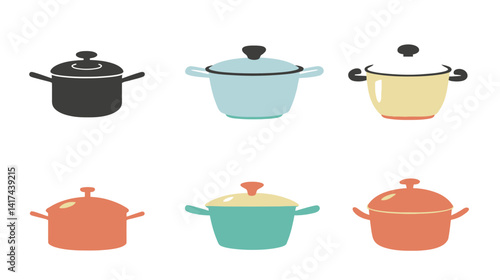 Minimalist vector illustration of a simple cooking pot with lid, representing home kitchen utensils, food preparation tools, and traditional cookware for boiling, simmering,