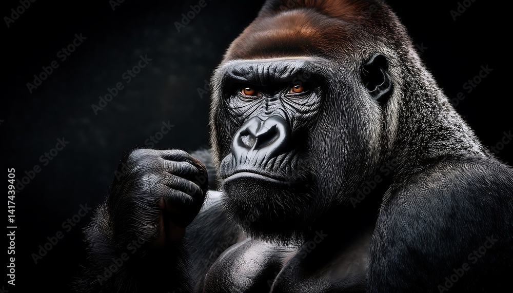 Obraz premium Majestic Silverback Gorilla with Intense Gaze and Powerfully Muscular Build in Low Light Setting