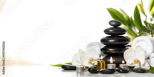 Serene spa arrangement featuring stacked black stones, pink orchids, green leaves, and candlelight for a relaxing and peaceful ambiance
