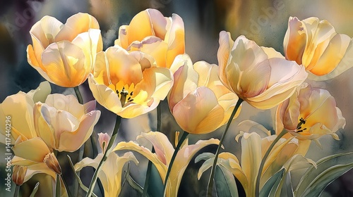 Wallpaper Mural Watercolor painting of yellow and white tulips with green leaves in a soft diffused light setting Torontodigital.ca