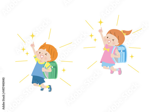 ランドセルを背負ってジャンプする子ども達