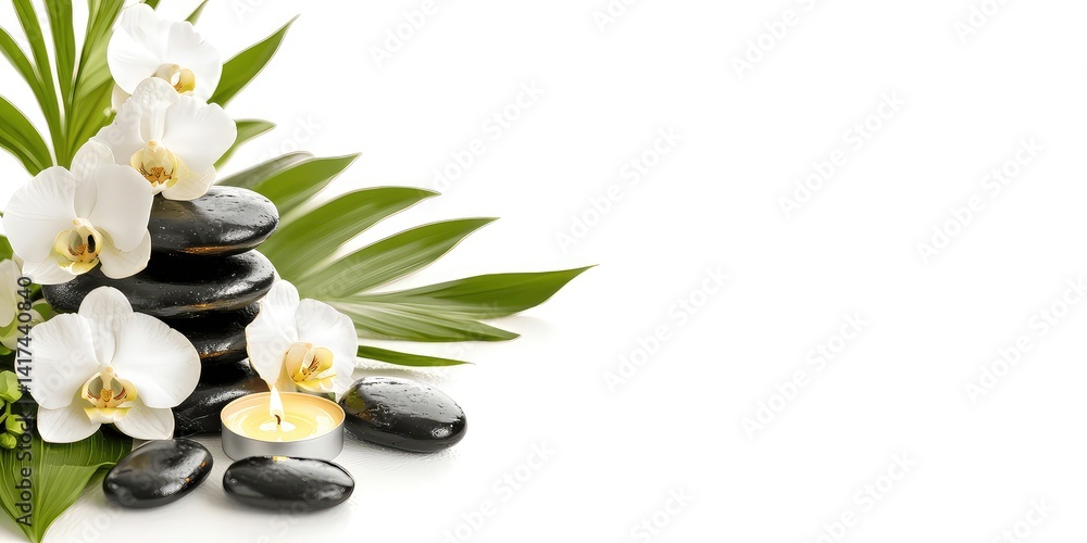 Serene spa scene with lit candles, white orchids, green leaves, and relaxing stones for a perfect self-care atmosphere Serene spa scene with lit candles, white orchids, green leaves, and relaxing stones for a perfect self-care atmosphere