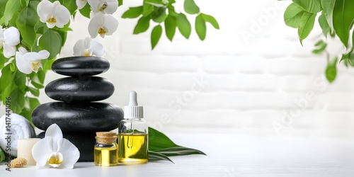 Serene spa setting featuring white orchids, tropical leaves, candlelight, and aromatherapy oil for relaxation and wellness
