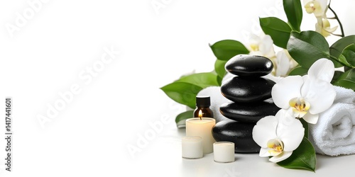 Serene spa setting featuring white orchids, tropical leaves, candlelight, and aromatherapy oil for relaxation and wellness