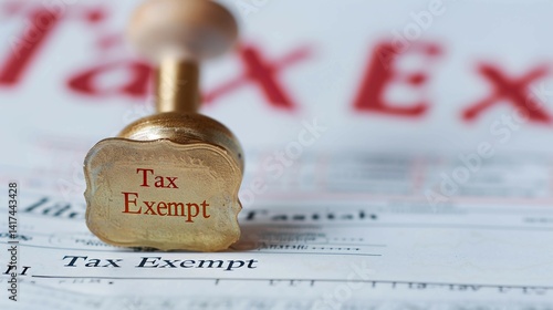 Golden tax exempt stamp pressed on official document with copy space, financial approval concept, government tax relief policy and legal exemption certification for business.