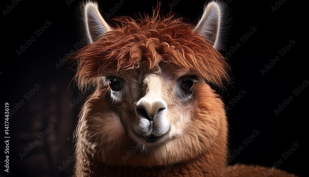 Obraz premium Charming Close-Up of a Fluffy Alpaca with Beautiful Fur and Expressive Face in Soft Lighting