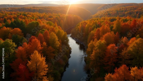 Autumn Scenery: Aerial View of River Valley Through Colorful Forest at Sunset, Appalachian Landscape