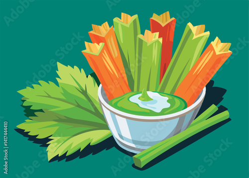 Celery sticks and carrots with dip.