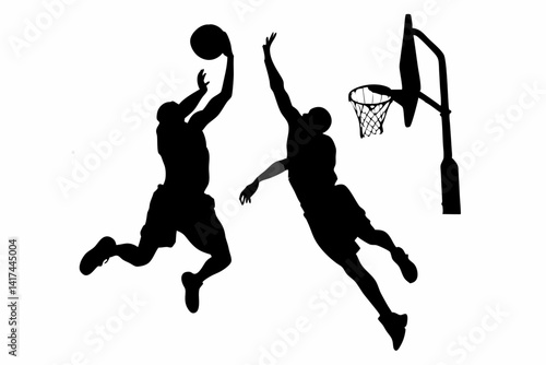 Basketball Action SVG – Silhouette Vector of Players in Explosive Jump Poses

