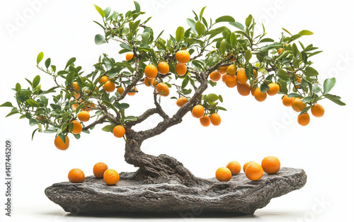 Prosperity Kumquat Tree with Ripe Fruits Isolated On White Background.