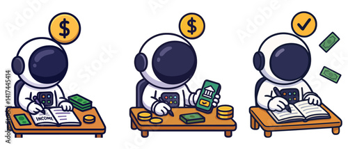 Salary management and income planning set with cartoon astronauts. Receiving money, organizing cash, completing checklist. Flat vector illustrations on white background.