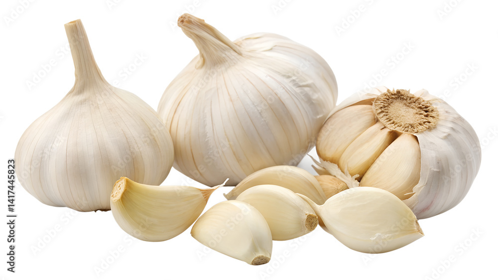 Fototapeta premium Garlic bulb and clove isolated. Garlic bulbs with sliced cloves on white background. White garlic bulb composition. With clipping path. Full depth of field.