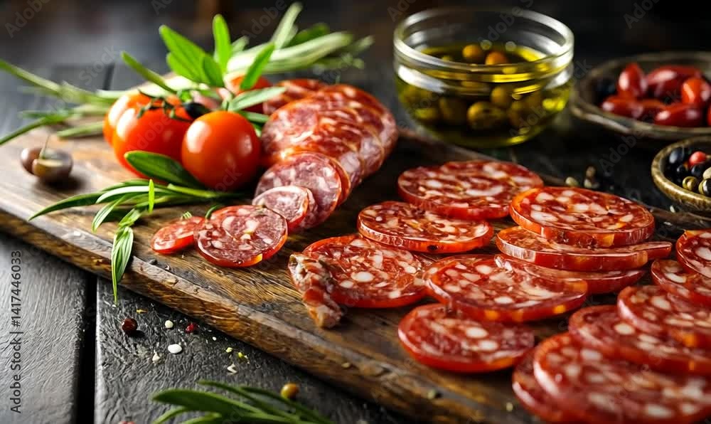 Sliced salami on a wooden board with herbs and spices. Sliced salami on a wooden board with herbs and spices.