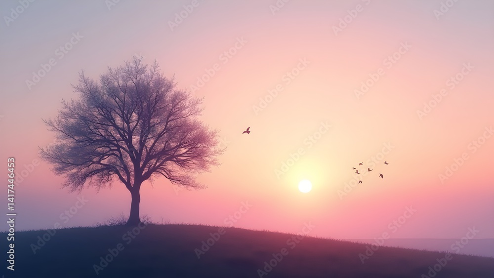 Lone Tree on Hill at Colorful Sunset with Birds in Sky Lone Tree on Hill at Colorful Sunset with Birds in Sky