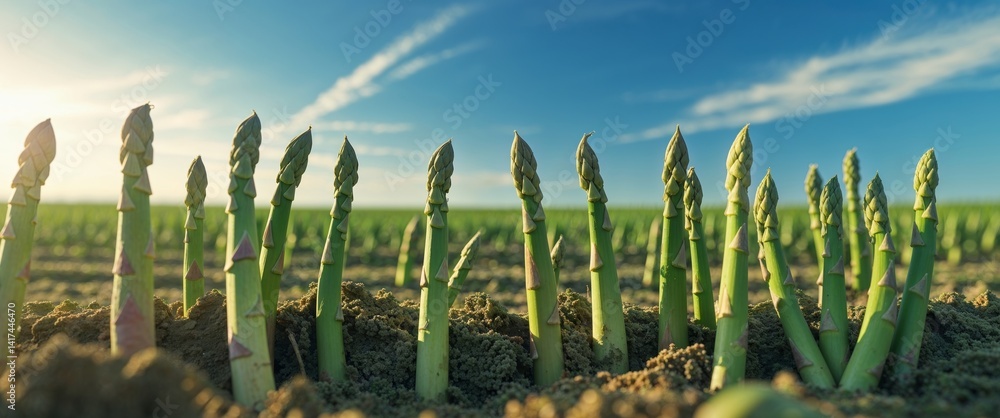 Fototapeta premium Vast Asparagus Field Filled With Young Green Shoots Under a Bright Sunny Sky