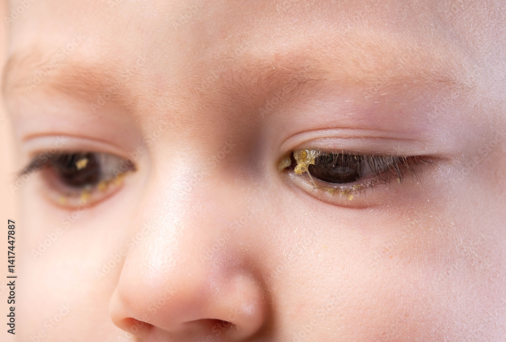 Fototapeta premium Pus in a little boy's eyes. Concept of bacterial and viral conjunctivitis in children, close-up