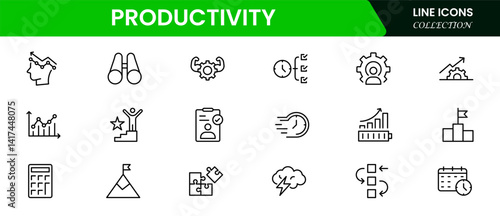 Productivity and efficiency. Outline icon collection. Linear business and leader symbols. Vector illustration web line icon collection