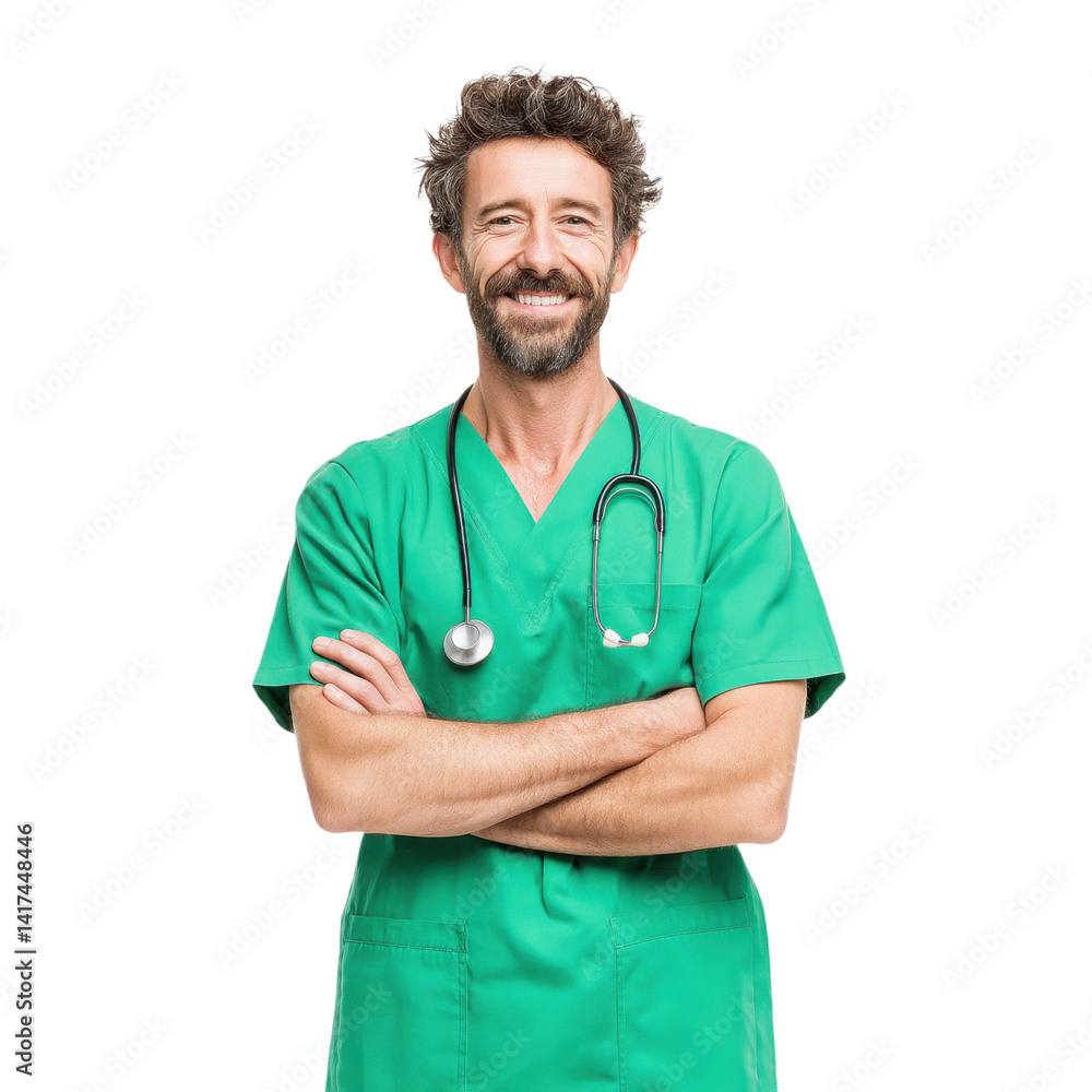 Smiling doctor in green scrubs with stethoscope. Concept of healthcare, medicine, and medical professionals. Smiling doctor in green scrubs with stethoscope. Concept of healthcare, medicine, and medical professionals.
