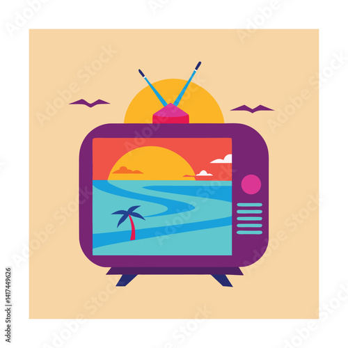 retro tv set in sand displaying vibrant beach scene