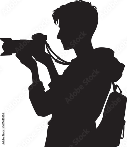 Silhouette of a photographer holding a camera with a backpack against a white background artful image