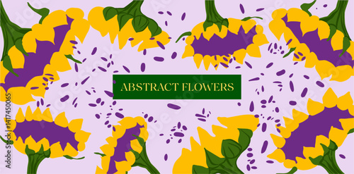 Editable poster of primitive, whimsical plants in folk style. Abstract flowers and leaves in bright, saturated colors for branding, printing, advertising. Digital illustration in modern flat style