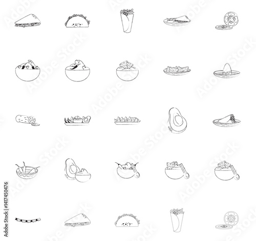 A collection of black and white sketch illustrations depicting various Mexican food items including quesadillas, tacos, burritos, bowls of guacamole, chili peppers, avocados, and other ingredients