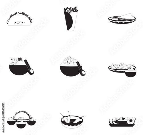 A collection of nine black and white food icons in silhouette style, showcasing a variety of Mexican food dishes including tacos, burritos