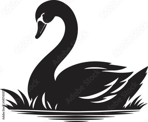A stylized black swan with intricate feather details floating on water ripples illustration art