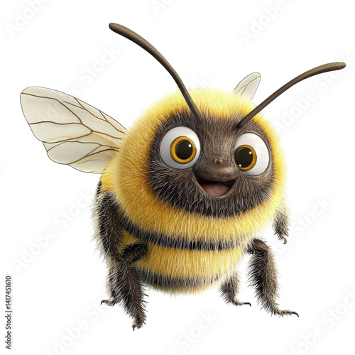 Smiling fuzzy cartoon bee isolated on PNG transparent background, cut out