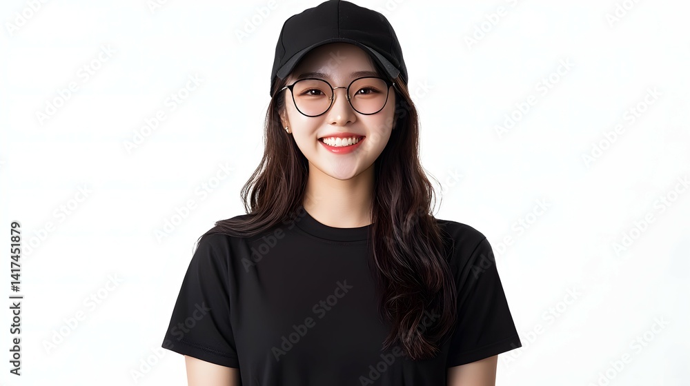 Korean Woman Portrait Mockup with Black Outfit and Glasses Korean Woman Portrait Mockup with Black Outfit and Glasses