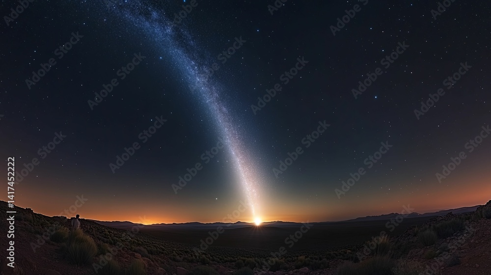 Milky way arc over a desert landscape at dawn. Milky way arc over a desert landscape at dawn.