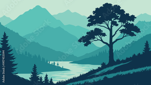 Serene Mountain Landscape with Lone Tree Silhouette – Nature Vector Art