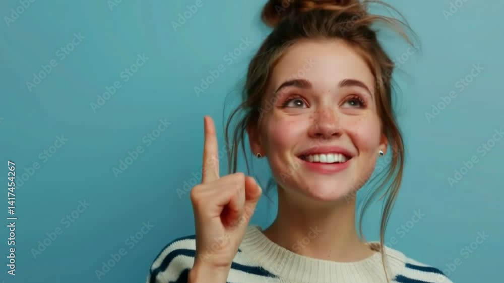 Video with a surprised girl on a blue background pointing her finger up is suitable for advertising, tutorials, social media.
Video with a surprised girl on a blue background pointing her finger up is suitable for advertising, tutorials, social media.