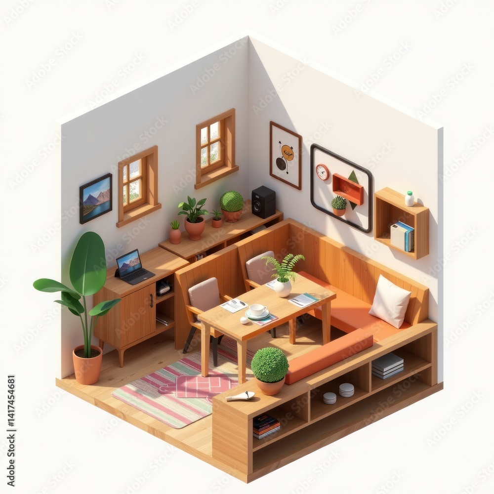 Fototapeta premium Cozy Minimalist Wooden Apartment Interior Design Modern Home Office and Dining Nook with Plants