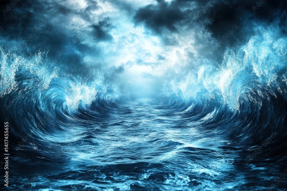 Stormy ocean waves crashing under a dramatic sky at twilight Stormy ocean waves crashing under a dramatic sky at twilight