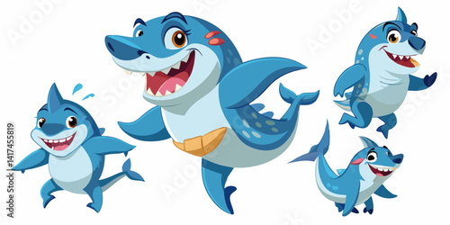 Funny cartoon shark character set in various poses