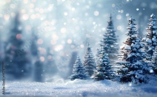 Enchanted winter wonderland. Snow-covered evergreens glisten under a soft, snowy sky. Serene and magical.