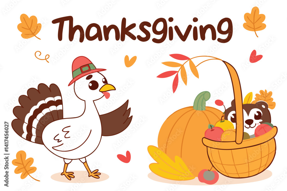 Fototapeta premium 45 Thanksgiving illustration, colorful cartoon style, white turkey, pumpkin, basket of harvest vegetables, autumn leaves, festive composition, sticker design, white background, holiday theme, vibrant 