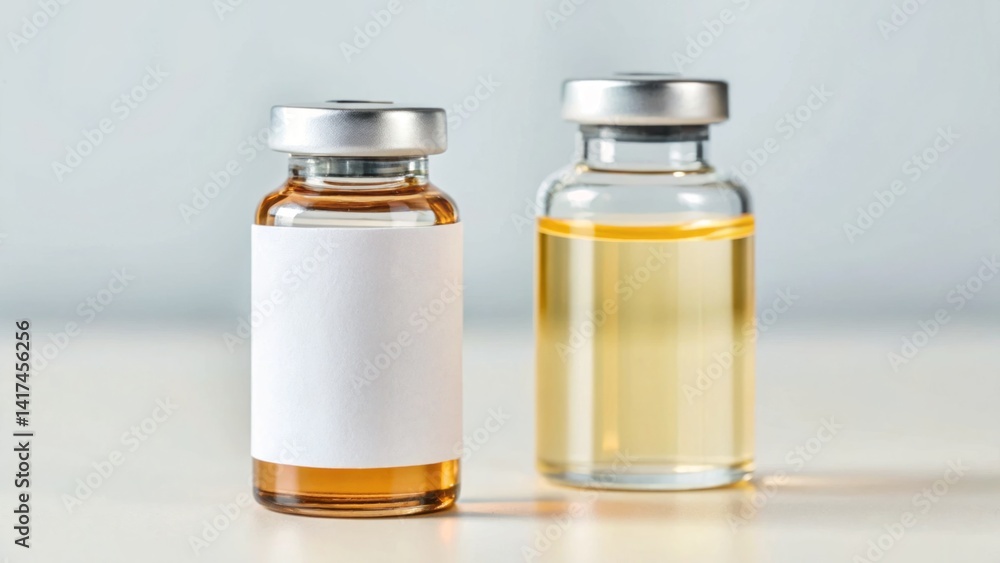 Two glass vials sit on a surface in a sterile environment. One vial holds a golden-brown liquid, while the other contains a clear yellow liquid. Both are prepared for clinical use Two glass vials sit on a surface in a sterile environment. One vial holds a golden-brown liquid, while the other contains a clear yellow liquid. Both are prepared for clinical use
