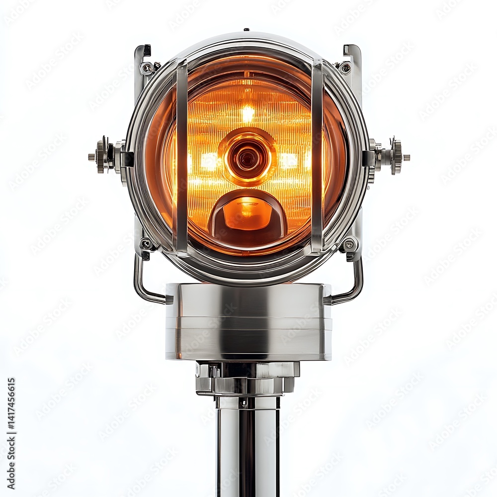 Nautical style lamp with warm light. A polished metal lamp, reminiscent of a ship's navigational light, emits a warm, amber glow. Metal cage surrounds the light source Nautical style lamp with warm light. A polished metal lamp, reminiscent of a ship's navigational light, emits a warm, amber glow. Metal cage surrounds the light source