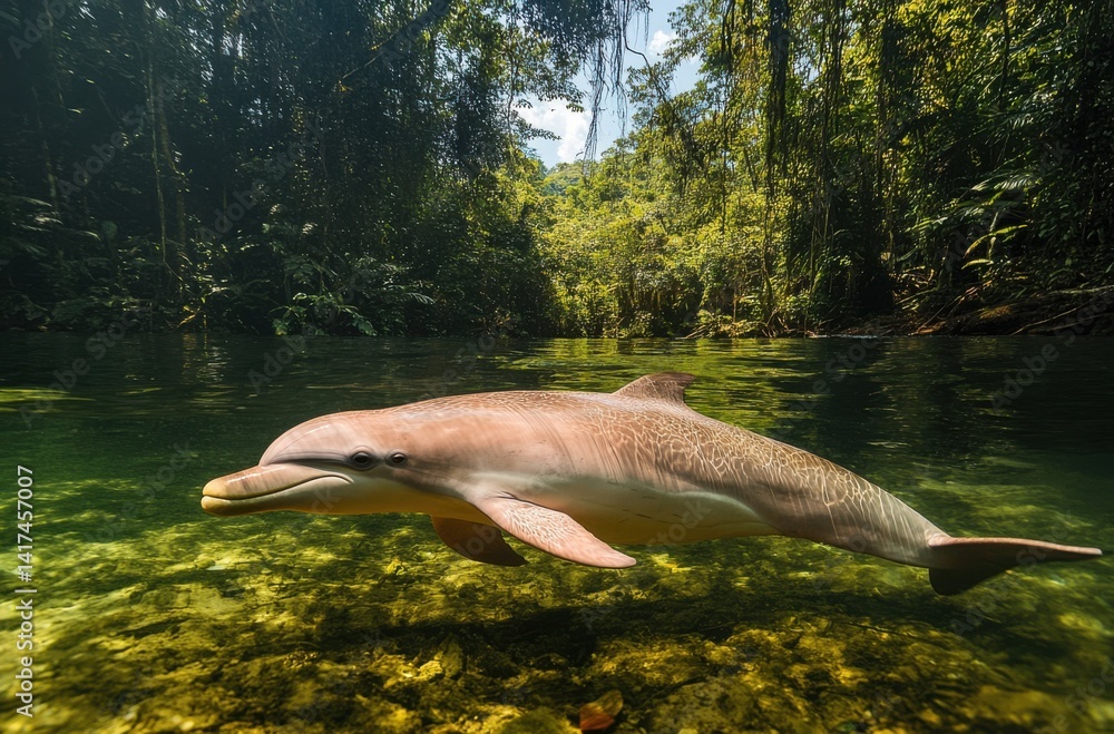Fototapeta premium A rare Amazonian pink river dolphin swimming in a clear