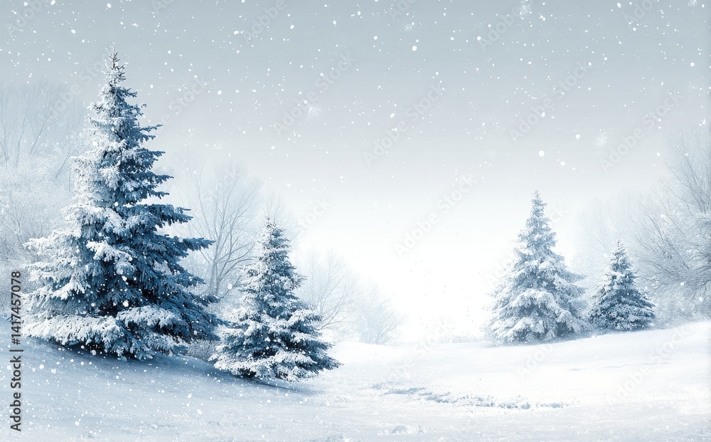 Serene winter landscape: Snow-covered evergreens stand in a peaceful snowy scene. The soft light and falling snow create a magical atmosphere. Serene winter landscape: Snow-covered evergreens stand in a peaceful snowy scene. The soft light and falling snow create a magical atmosphere.