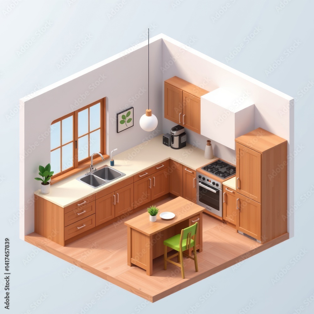 Fototapeta premium Modern Isometric Kitchen Design Wooden Cabinets Appliances Island and Window