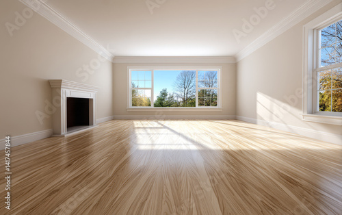 Wallpaper Mural Bright and spacious empty living room with large windows and hardwood flooring Torontodigital.ca