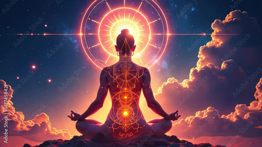 Silhouette of meditating figure surrounded by cosmic energy swirls and vibrant colors. Silhouette of meditating figure surrounded by cosmic energy swirls and vibrant colors.
