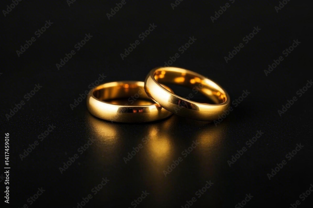 two gold wedding rings sitting on a black surface two gold wedding rings sitting on a black surface