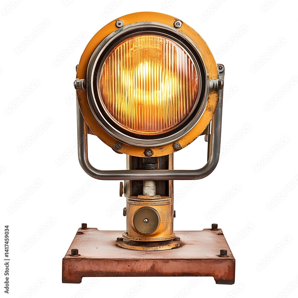 Industrial-style table lamp with warm amber light. Heavy metal construction, distressed orange/rust finish. Circular lens focuses light Industrial-style table lamp with warm amber light. Heavy metal construction, distressed orange/rust finish. Circular lens focuses light